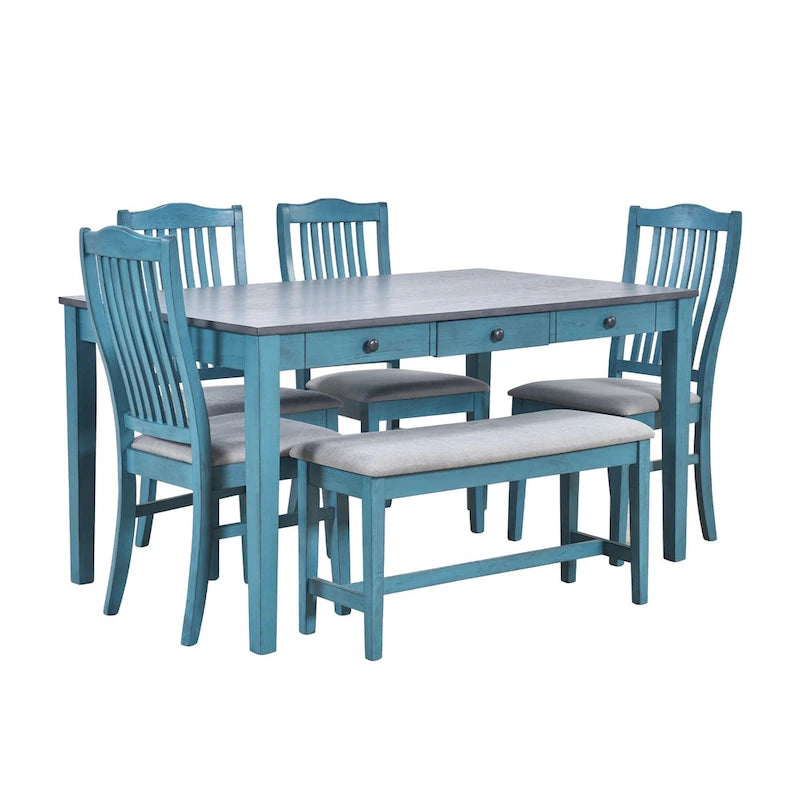 Ensemble de salle à manger 6 personnes, ensemble de salle à manger 6 pièces en bois avec tiroir de rangement, 4 chaises de salle à manger rembourrées et un banc