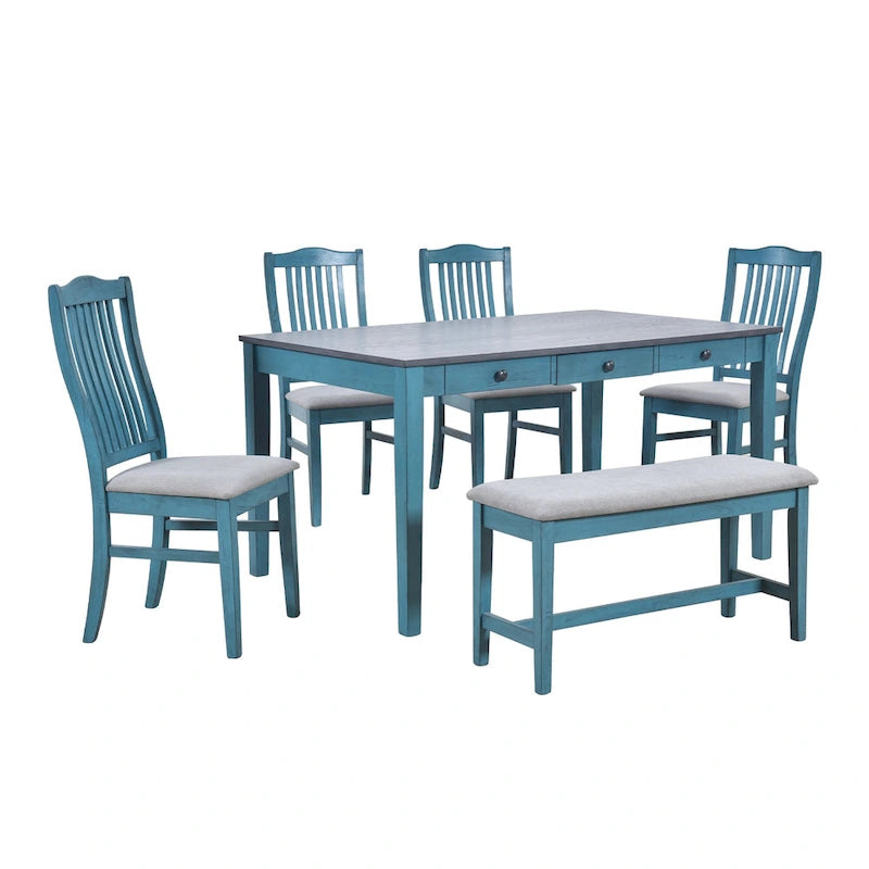 Ensemble de salle à manger 6 personnes, ensemble de salle à manger 6 pièces en bois avec tiroir de rangement, 4 chaises de salle à manger rembourrées et un banc
