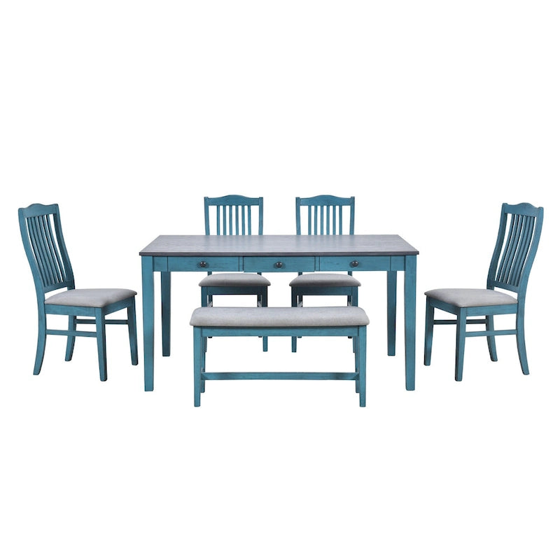 Ensemble de salle à manger 6 personnes, ensemble de salle à manger 6 pièces en bois avec tiroir de rangement, 4 chaises de salle à manger rembourrées et un banc