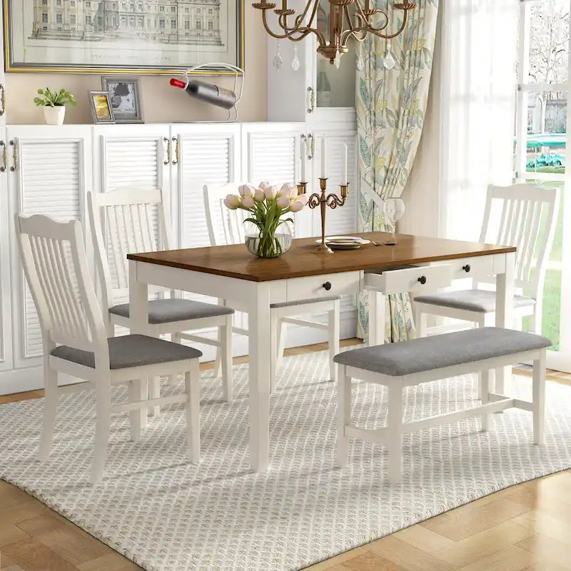 Ensemble de salle à manger 6 personnes, ensemble de salle à manger 6 pièces en bois avec tiroir de rangement, 4 chaises de salle à manger rembourrées et un banc