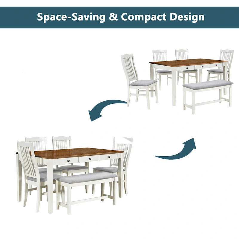 Ensemble de salle à manger 6 personnes, ensemble de salle à manger 6 pièces en bois avec tiroir de rangement, 4 chaises de salle à manger rembourrées et un banc