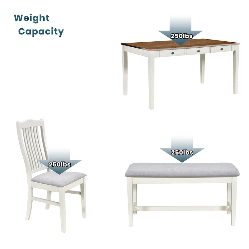 Ensemble de salle à manger 6 personnes, ensemble de salle à manger 6 pièces en bois avec tiroir de rangement, 4 chaises de salle à manger rembourrées et un banc