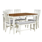 Ensemble de salle à manger 6 personnes, ensemble de salle à manger 6 pièces en bois avec tiroir de rangement, 4 chaises de salle à manger rembourrées et un banc