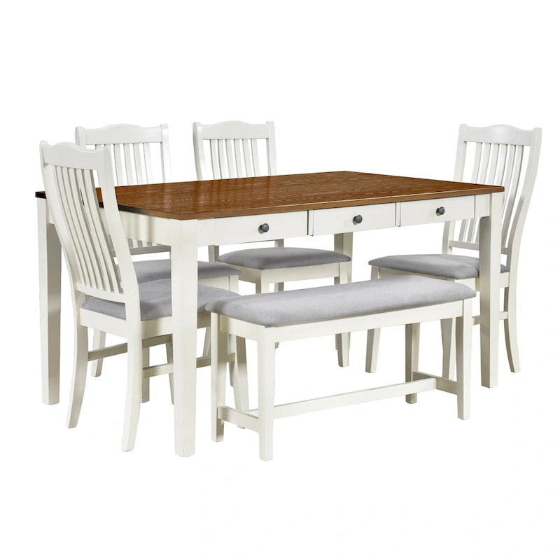 Ensemble de salle à manger 6 personnes, ensemble de salle à manger 6 pièces en bois avec tiroir de rangement, 4 chaises de salle à manger rembourrées et un banc