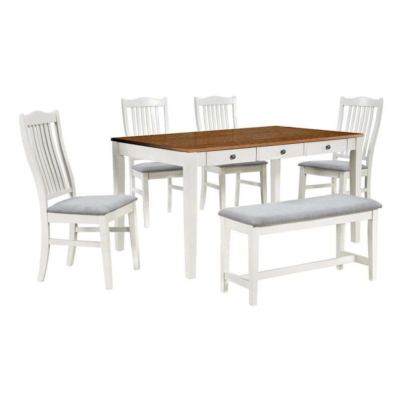 Ensemble de salle à manger 6 personnes, ensemble de salle à manger 6 pièces en bois avec tiroir de rangement, 4 chaises de salle à manger rembourrées et un banc
