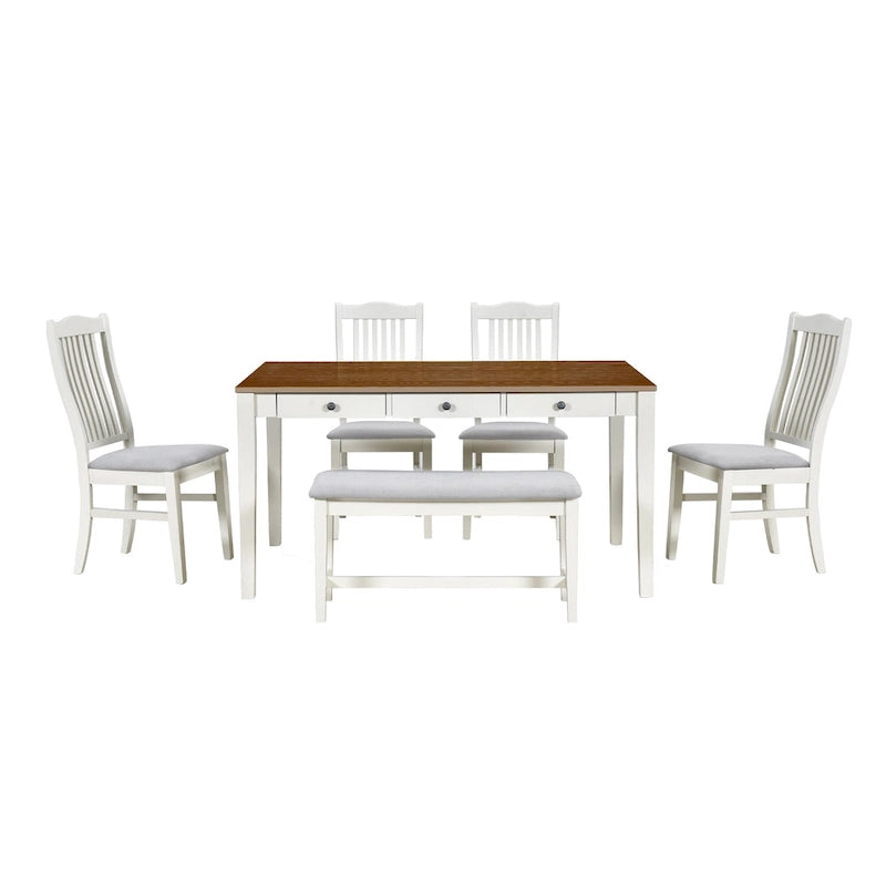 Ensemble de salle à manger 6 personnes, ensemble de salle à manger 6 pièces en bois avec tiroir de rangement, 4 chaises de salle à manger rembourrées et un banc
