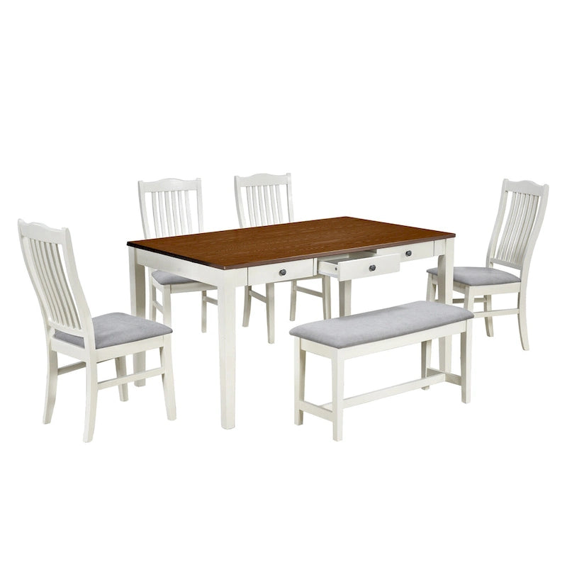 Ensemble de salle à manger 6 personnes, ensemble de salle à manger 6 pièces en bois avec tiroir de rangement, 4 chaises de salle à manger rembourrées et un banc