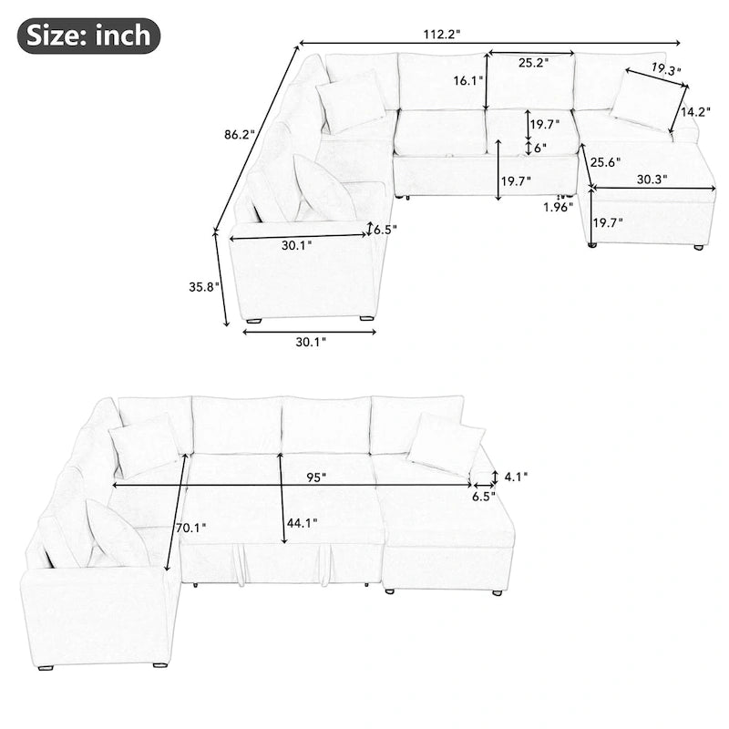 Canapé d'angle convertible – Pouf de rangement, 3 oreillers et station de charge intégrée