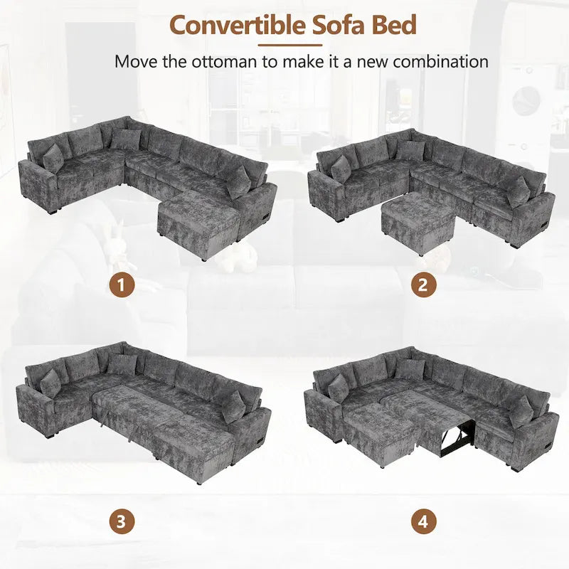 Canapé d'angle convertible – Pouf de rangement, 3 oreillers et station de charge intégrée