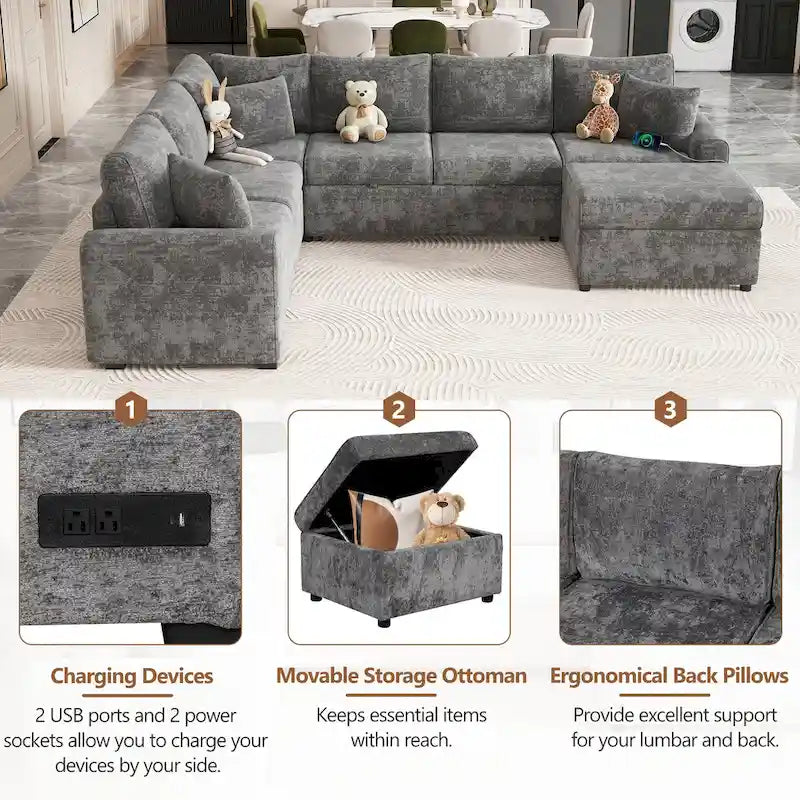 Canapé d'angle convertible – Pouf de rangement, 3 oreillers et station de charge intégrée
