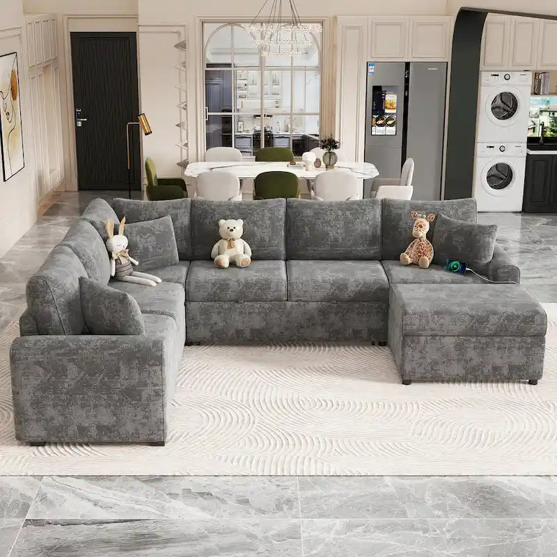 Canapé d'angle convertible – Pouf de rangement, 3 oreillers et station de charge intégrée