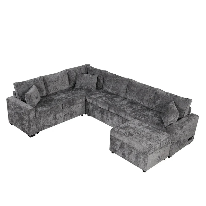 Canapé d'angle convertible – Pouf de rangement, 3 oreillers et station de charge intégrée