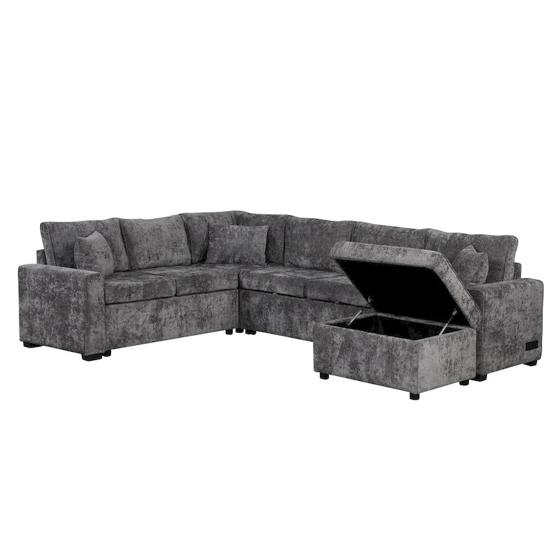 Canapé d'angle convertible – Pouf de rangement, 3 oreillers et station de charge intégrée