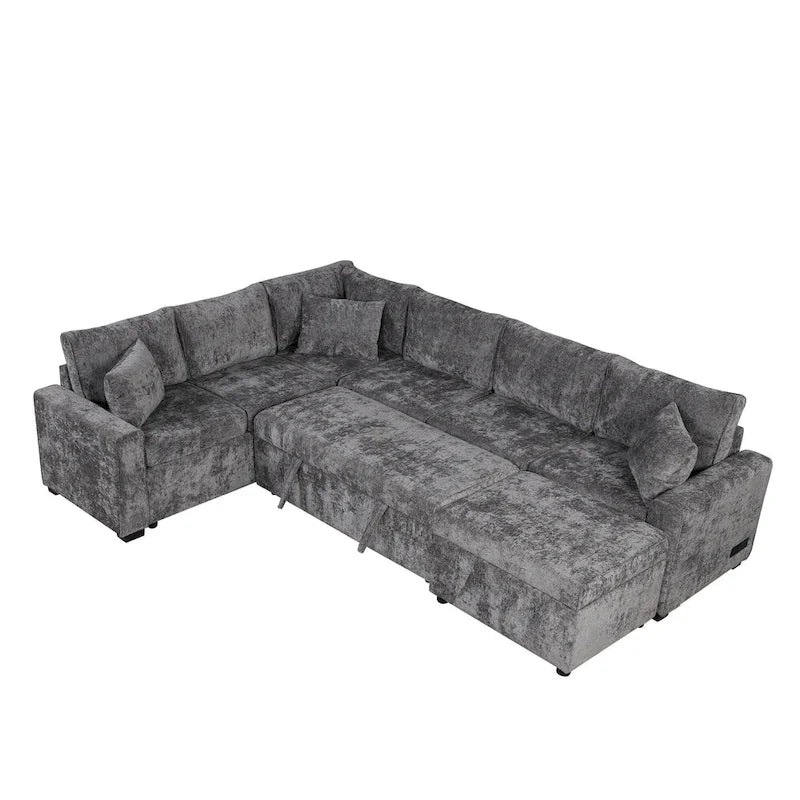 Canapé d'angle convertible – Pouf de rangement, 3 oreillers et station de charge intégrée
