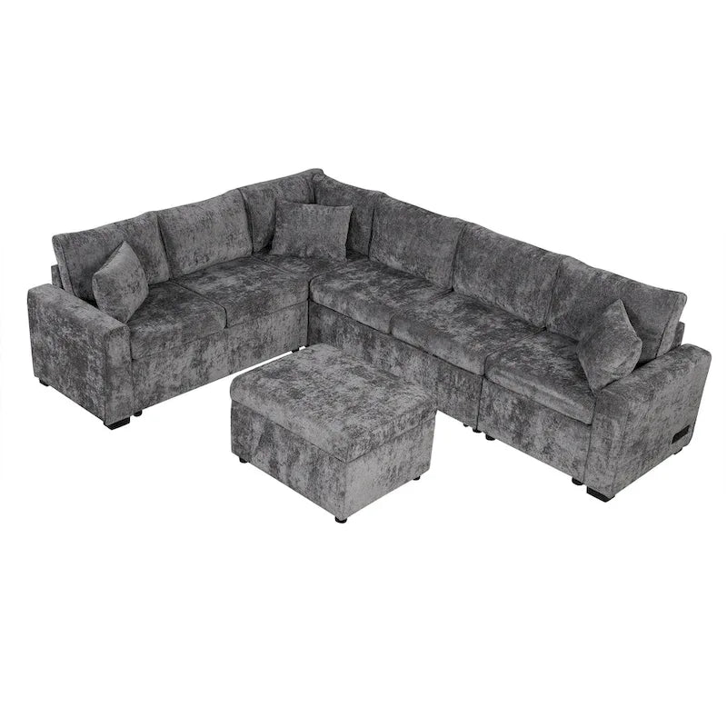 Canapé d'angle convertible – Pouf de rangement, 3 oreillers et station de charge intégrée