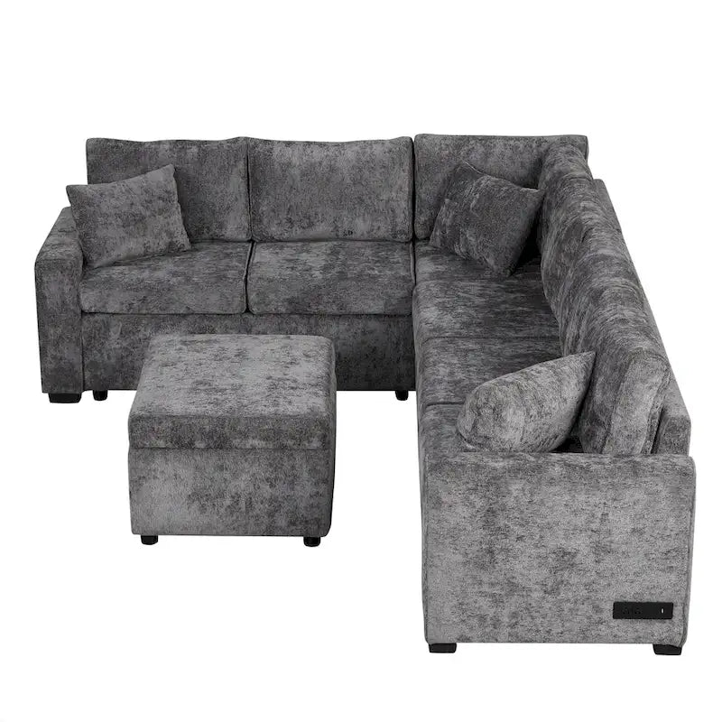 Canapé d'angle convertible – Pouf de rangement, 3 oreillers et station de charge intégrée