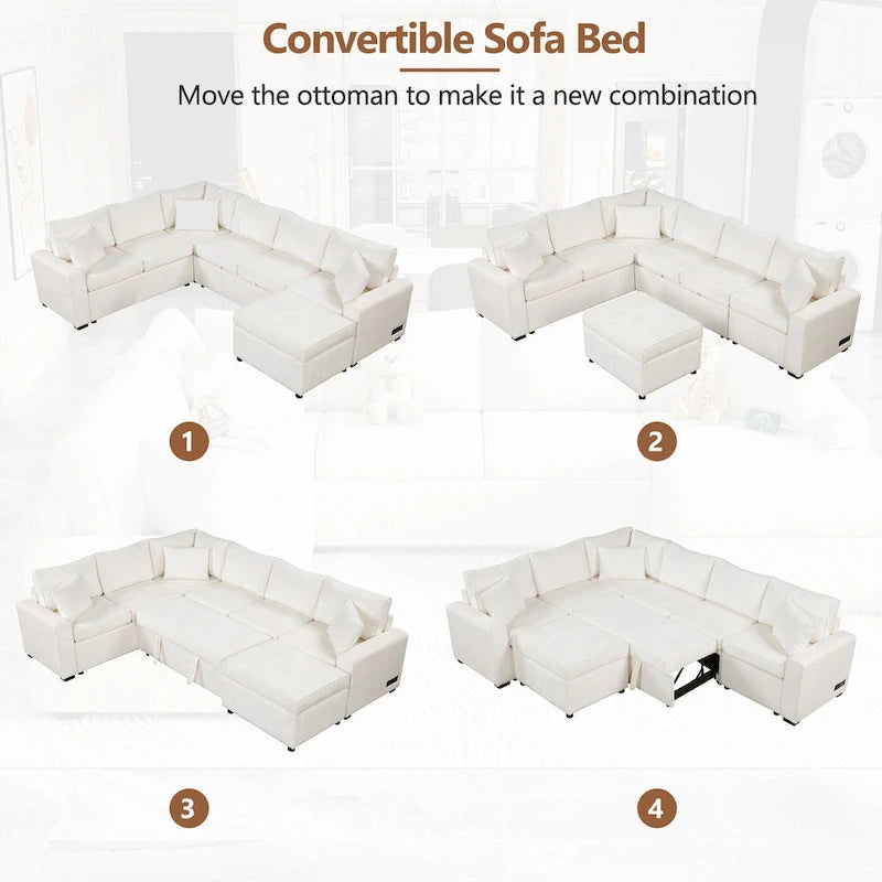 Canapé d'angle convertible – Pouf de rangement, 3 oreillers et station de charge intégrée