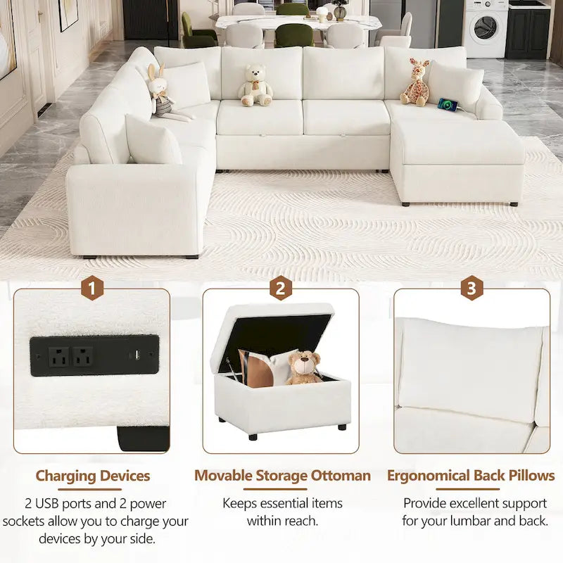Canapé d'angle convertible – Pouf de rangement, 3 oreillers et station de charge intégrée