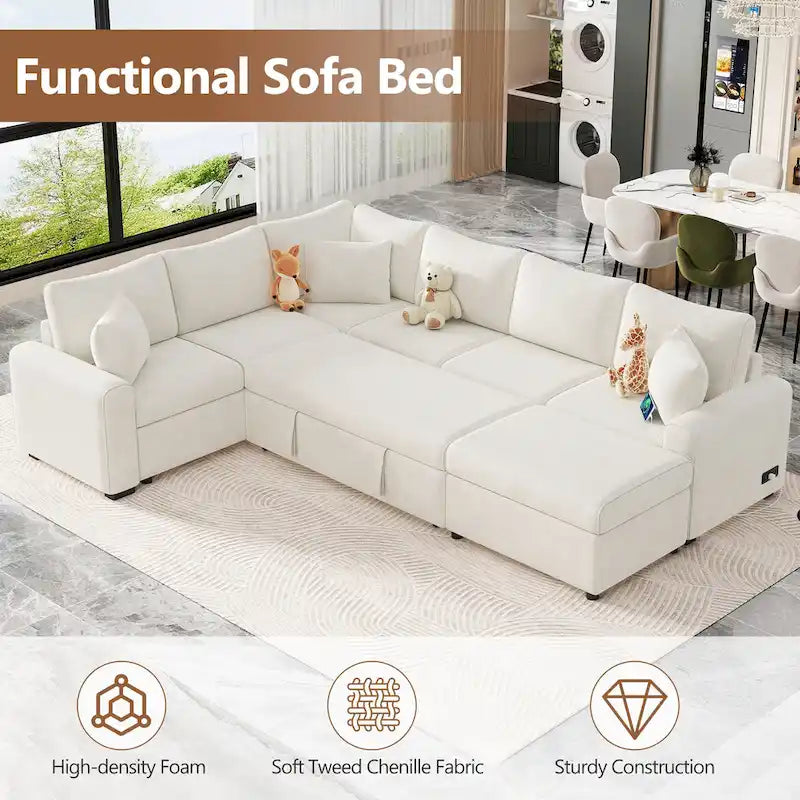 Canapé d'angle convertible – Pouf de rangement, 3 oreillers et station de charge intégrée