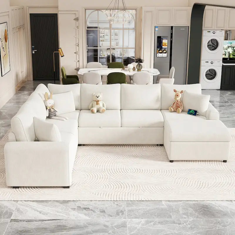 Canapé d'angle convertible – Pouf de rangement, 3 oreillers et station de charge intégrée