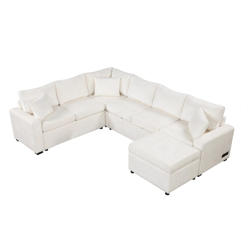Canapé d'angle convertible – Pouf de rangement, 3 oreillers et station de charge intégrée