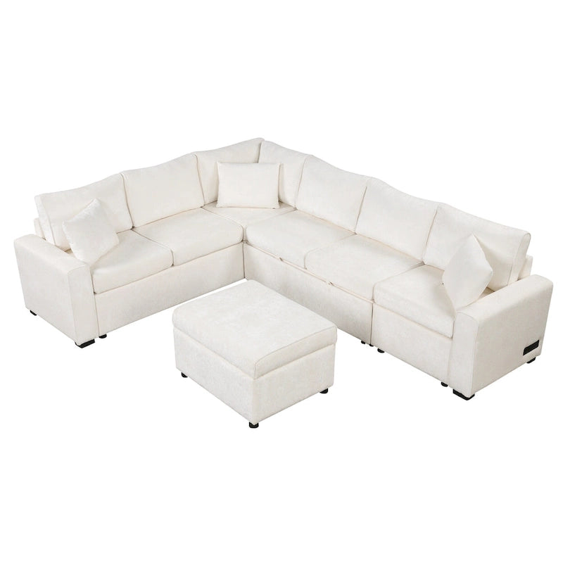 Canapé d'angle convertible – Pouf de rangement, 3 oreillers et station de charge intégrée