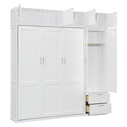 Lit escamotable Queen Size avec armoire, placards hauts et étagères de rangement, lit escamotable pliable avec 2 tiroirs