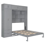 Lit escamotable Queen Size avec armoire, placards hauts et étagères de rangement, lit escamotable pliable avec 2 tiroirs