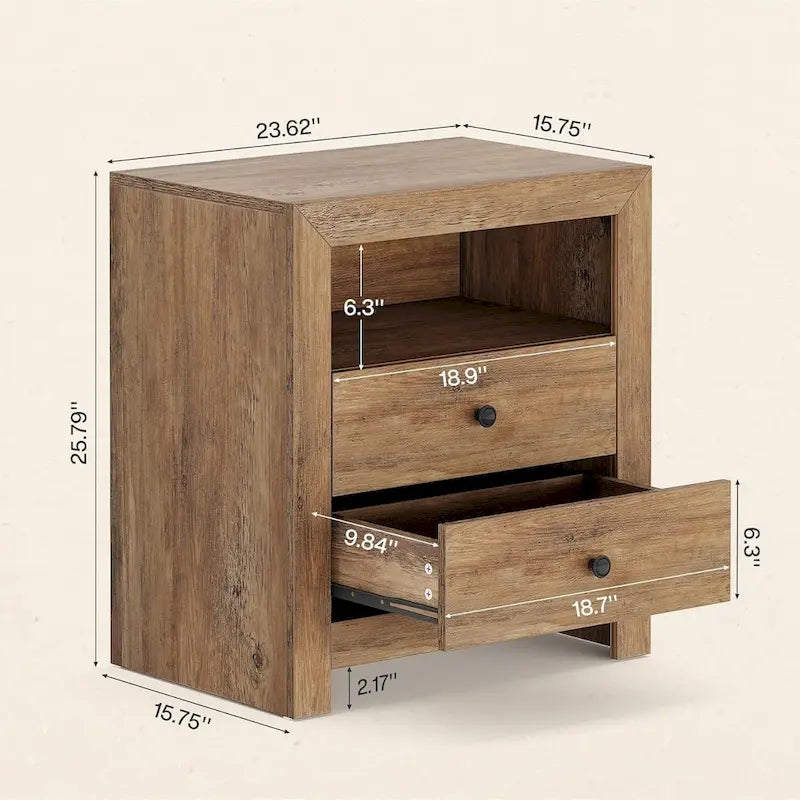 Table de chevet rustique marron avec 2 tiroirs et une étagère ouverte