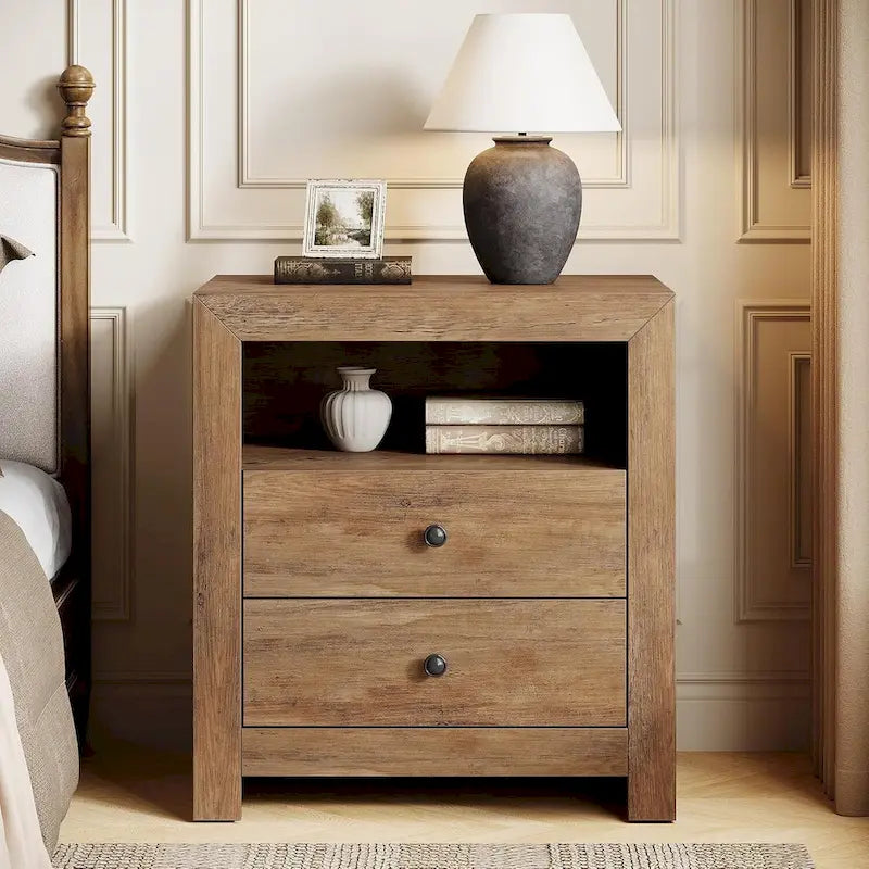 Table de chevet rustique marron avec 2 tiroirs et une étagère ouverte