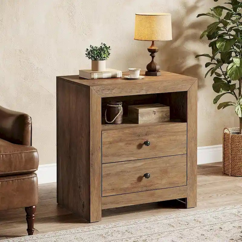 Table de chevet rustique marron avec 2 tiroirs et une étagère ouverte