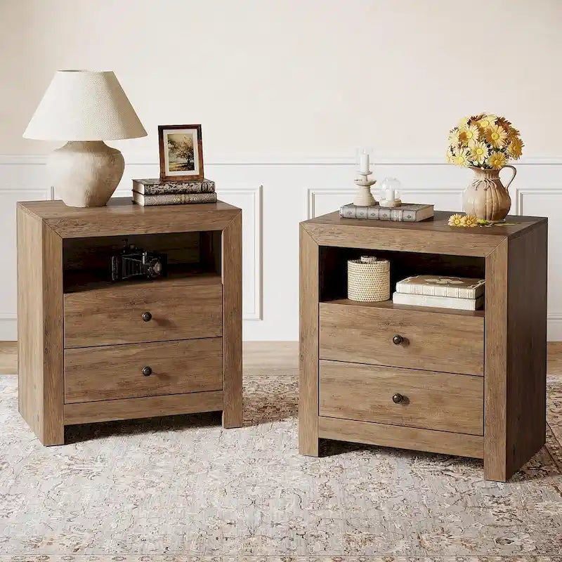 Table de chevet rustique marron avec 2 tiroirs et une étagère ouverte