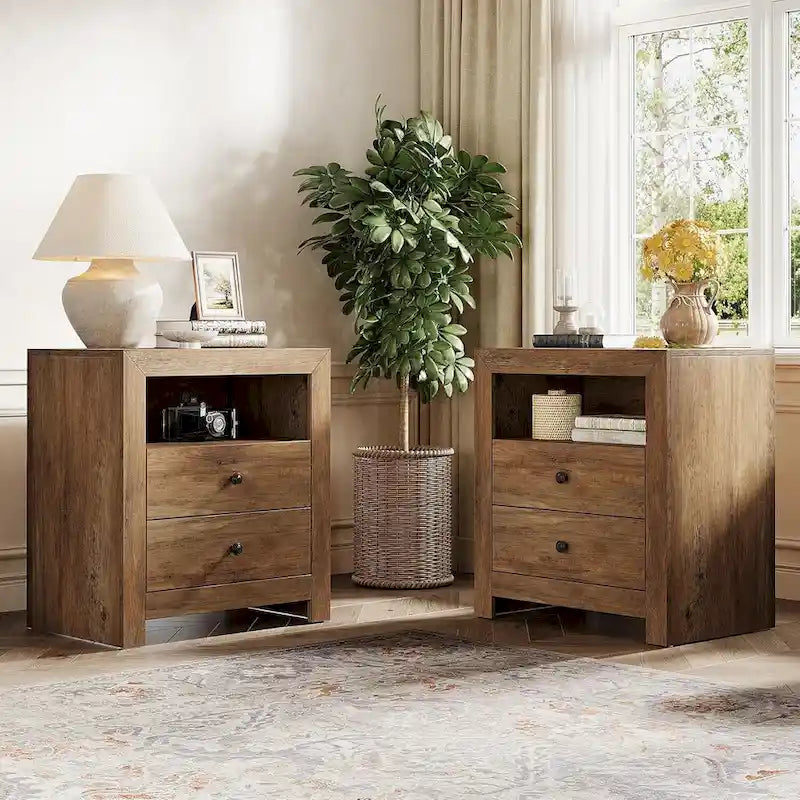 Table de chevet rustique marron avec 2 tiroirs et une étagère ouverte