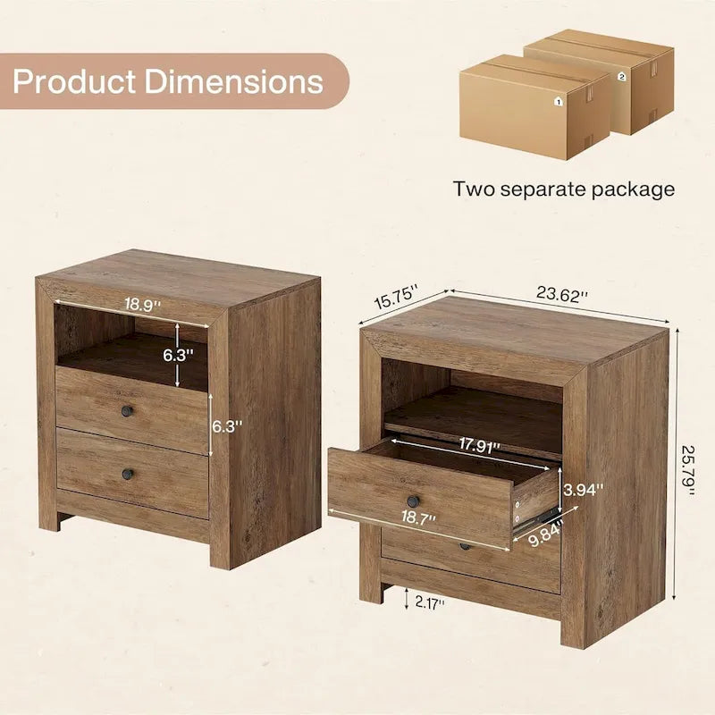 Table de chevet rustique marron avec 2 tiroirs et une étagère ouverte