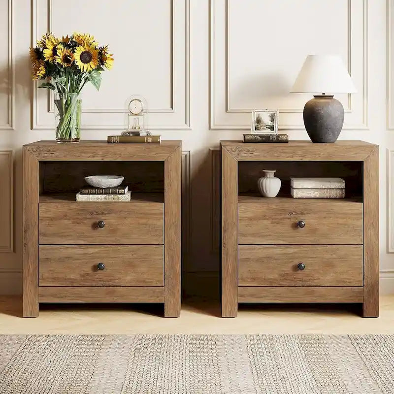 Table de chevet rustique marron avec 2 tiroirs et une étagère ouverte