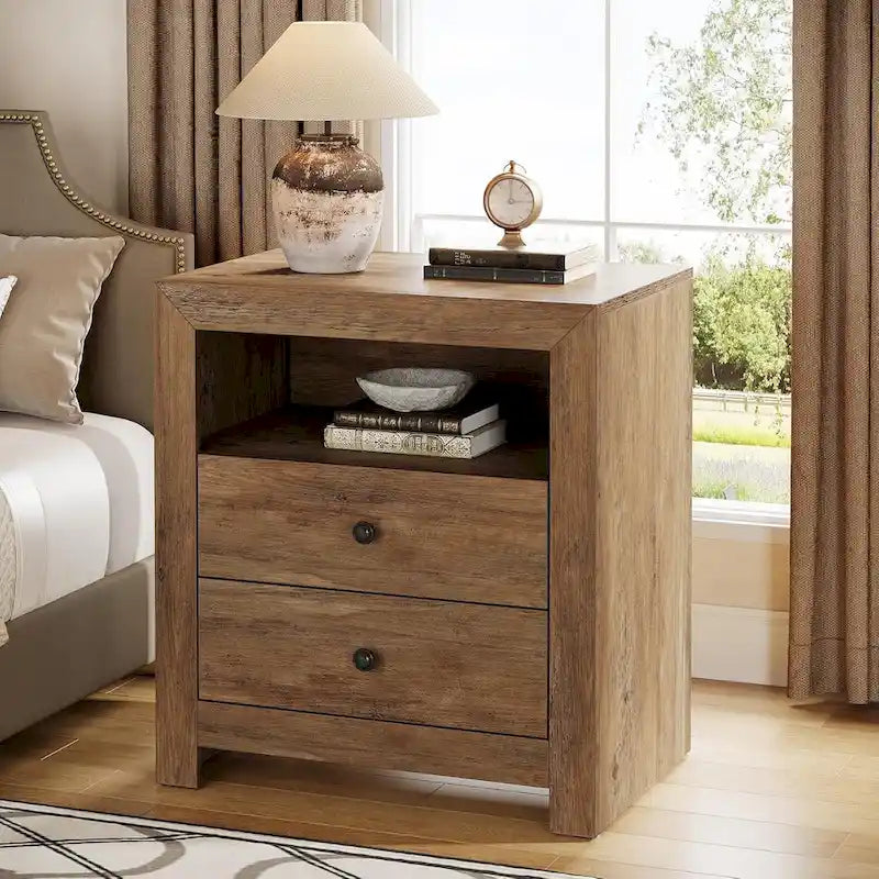 Table de chevet rustique marron avec 2 tiroirs et une étagère ouverte