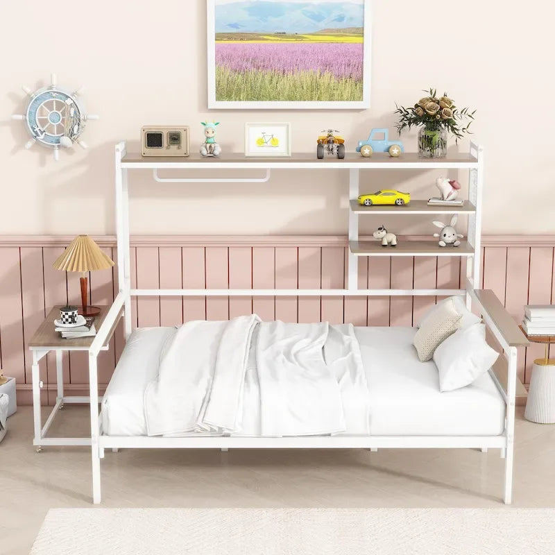 Lit de repos en métal avec bureau mobile, étagères et penderie