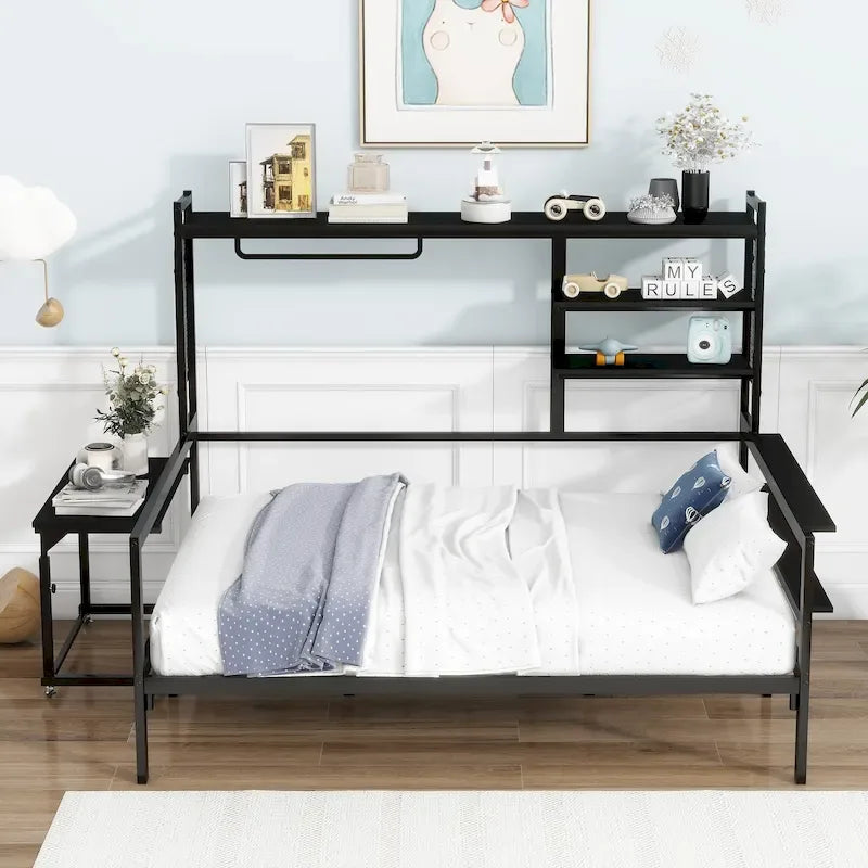 Lit de repos en métal avec bureau mobile, étagères et penderie