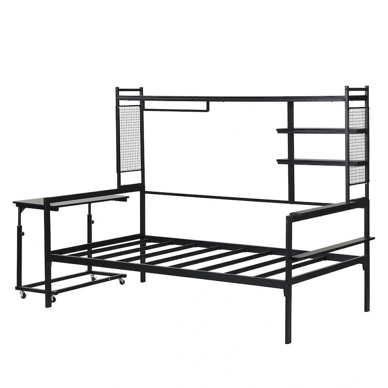 Lit de repos en métal avec bureau mobile, étagères et penderie