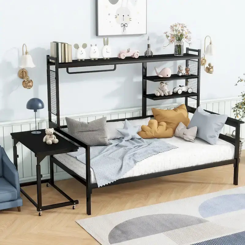 Lit de repos en métal avec bureau mobile, étagères et penderie