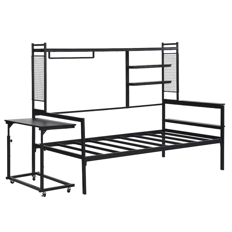 Lit de repos en métal avec bureau mobile, étagères et penderie