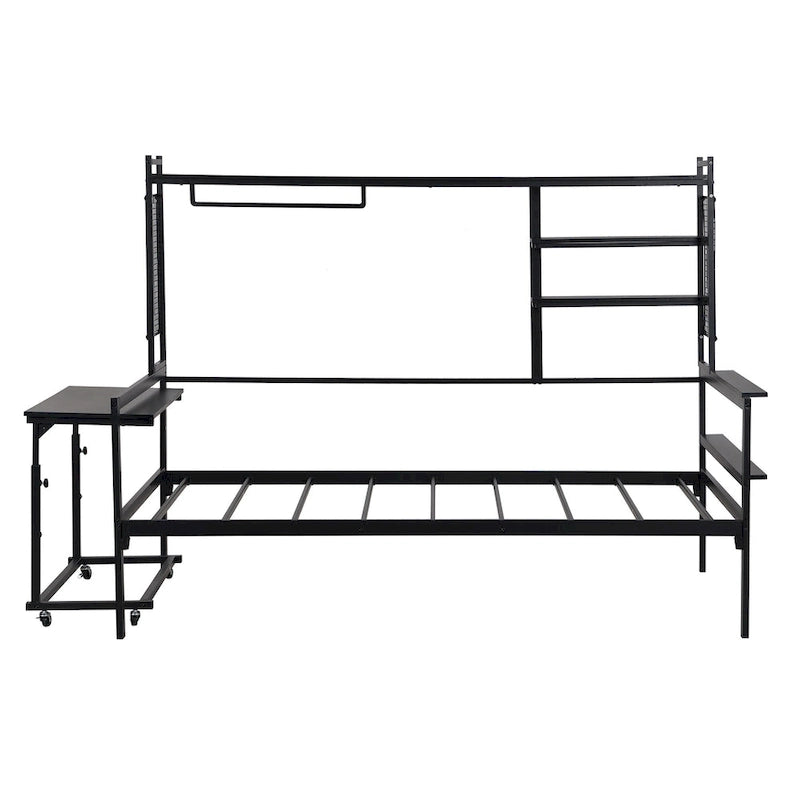 Lit de repos en métal avec bureau mobile, étagères et penderie