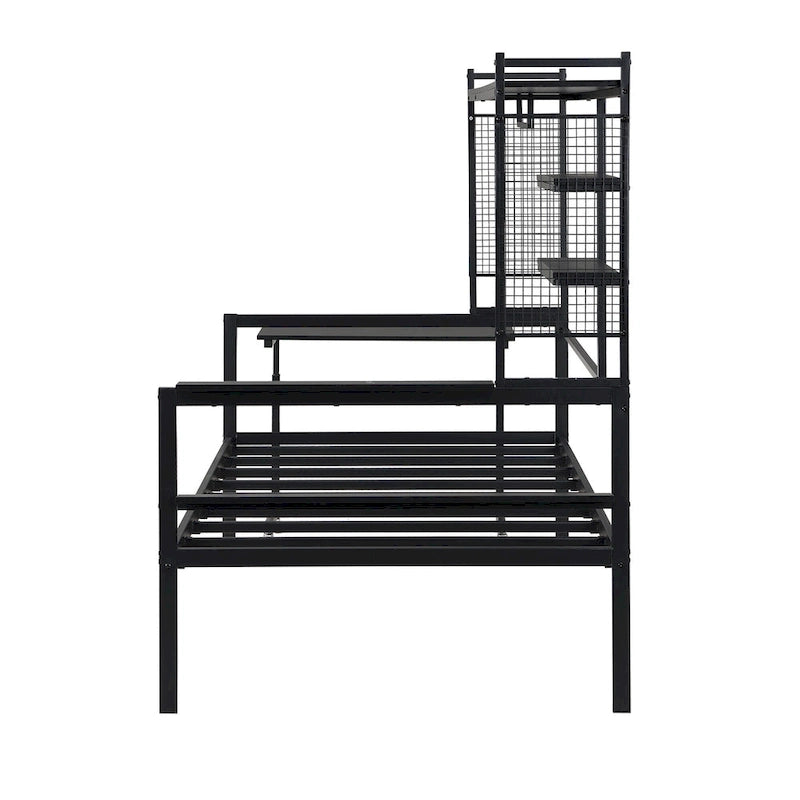 Lit de repos en métal avec bureau mobile, étagères et penderie