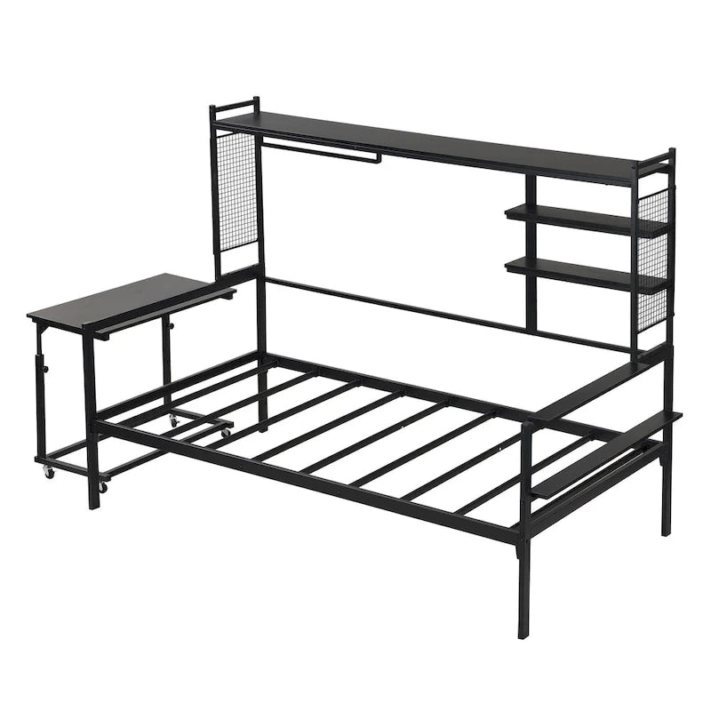 Lit de repos en métal avec bureau mobile, étagères et penderie