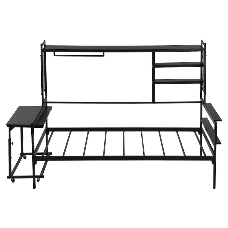 Lit de repos en métal avec bureau mobile, étagères et penderie