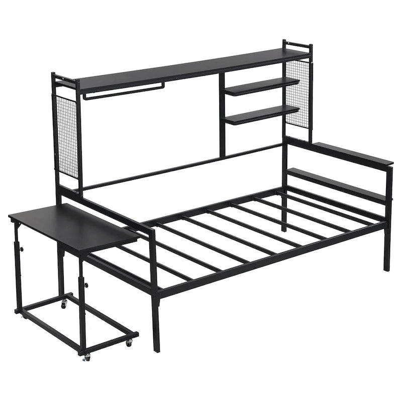 Lit de repos en métal avec bureau mobile, étagères et penderie