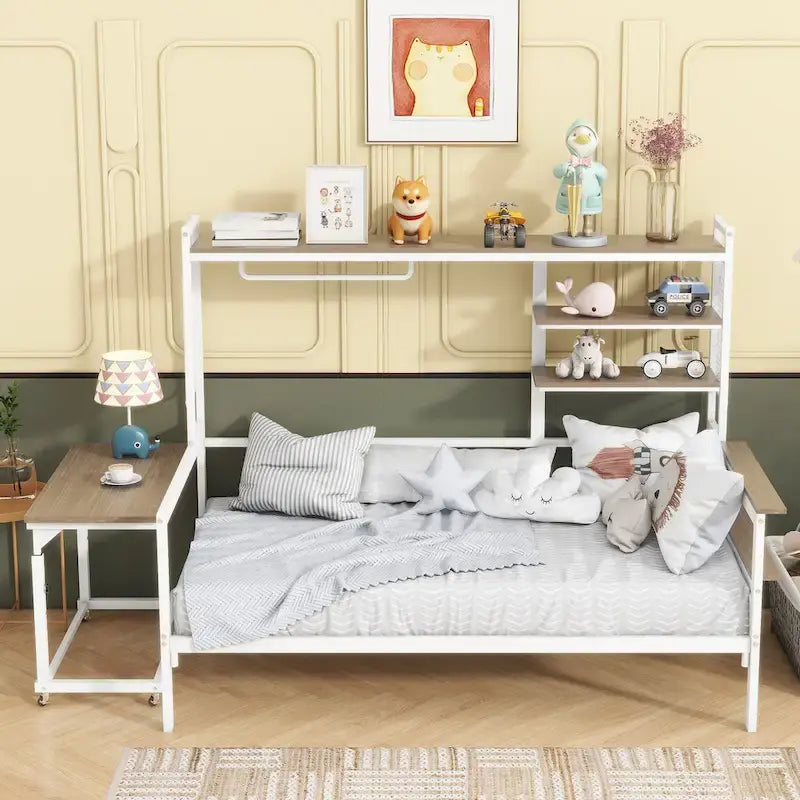 Lit de repos en métal avec bureau mobile, étagères et penderie