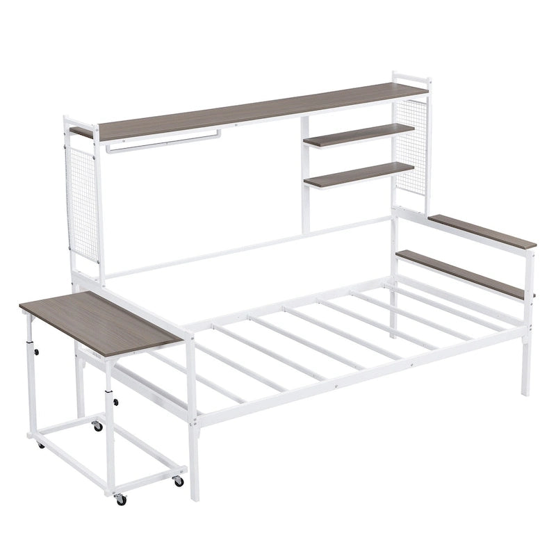Lit de repos en métal avec bureau mobile, étagères et penderie