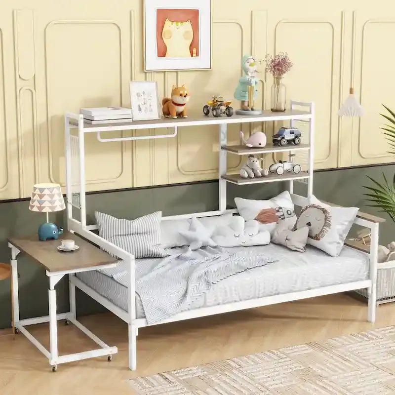 Lit de repos en métal avec bureau mobile, étagères et penderie