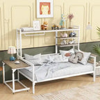 Lit de repos en métal avec bureau mobile, étagères et penderie